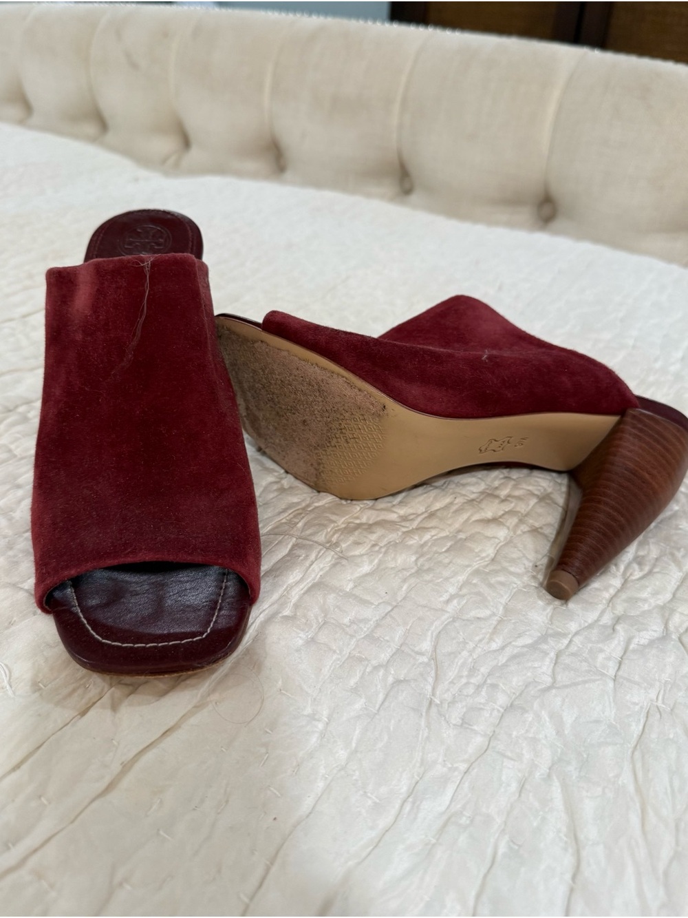 Tory Burch Burgundy Suede Open-Toe Mule Heels
